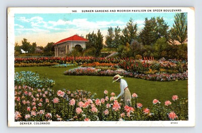 Postcard Colorado Denver CO Sunken Garden Moorish Pavilion Speer Blvd 1929