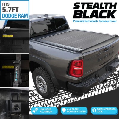 Stealth Black Premium MRB Retractable Tonneau Cover For 2009-26 Ram 1500 5.7ft