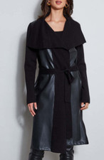 T-Tahari Vegan Leather Knit Midi Sweater Jacket Wmen's S, M ,L Wrap Belted Black