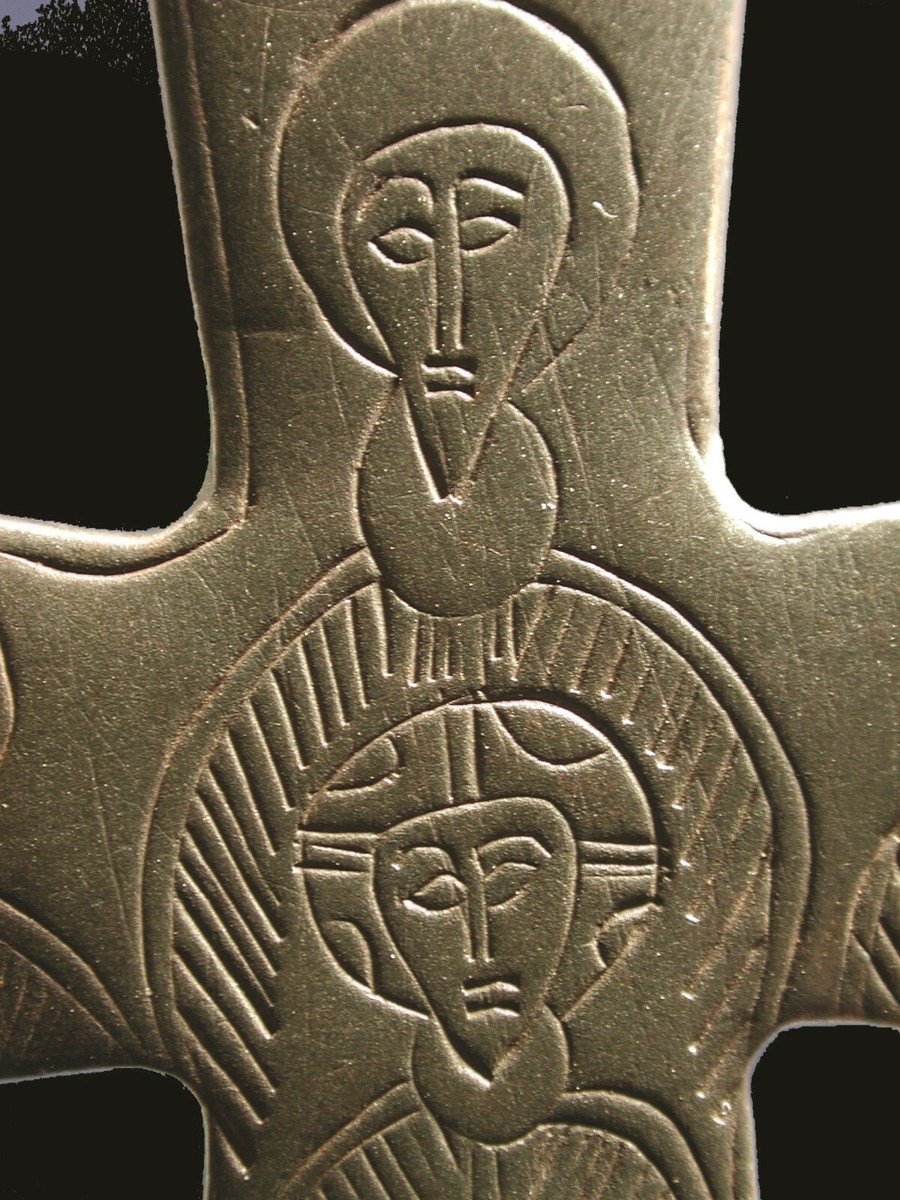 RARE Ancient Byzantine Bronze Christian Cross w/ Christ, Mary, 9