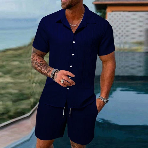 Conjunto de 2 trajes informales de manga corta y pantalones cortos de verano para hombre❤ - Imagen 10 de 23