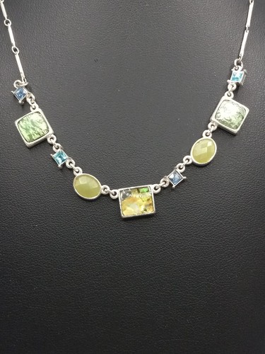 Apostrophe Brand silver tone blue crystals green iridescent cabochons necklace