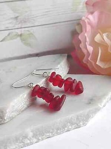 Authentic Red Pebble Shaped Frosted Sea Glass Silver Ladies Dangle Earrings Seaglass Beach