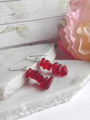 Red Pebble Shaped Frosted Sea Glass Silver Ladies Dangle Earrings Seaglass Beach