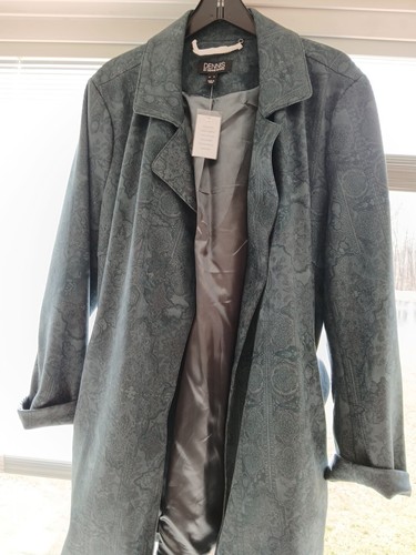 Dennis Basso Blue Printed Faux Suede Belted Trench Coat XL New - Picture 3 of 7