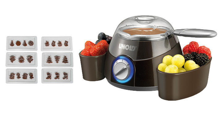 Unold 48967 Chocolatier Schoko Fondue mit 12 Pralinen Gießformen für Weihnachten