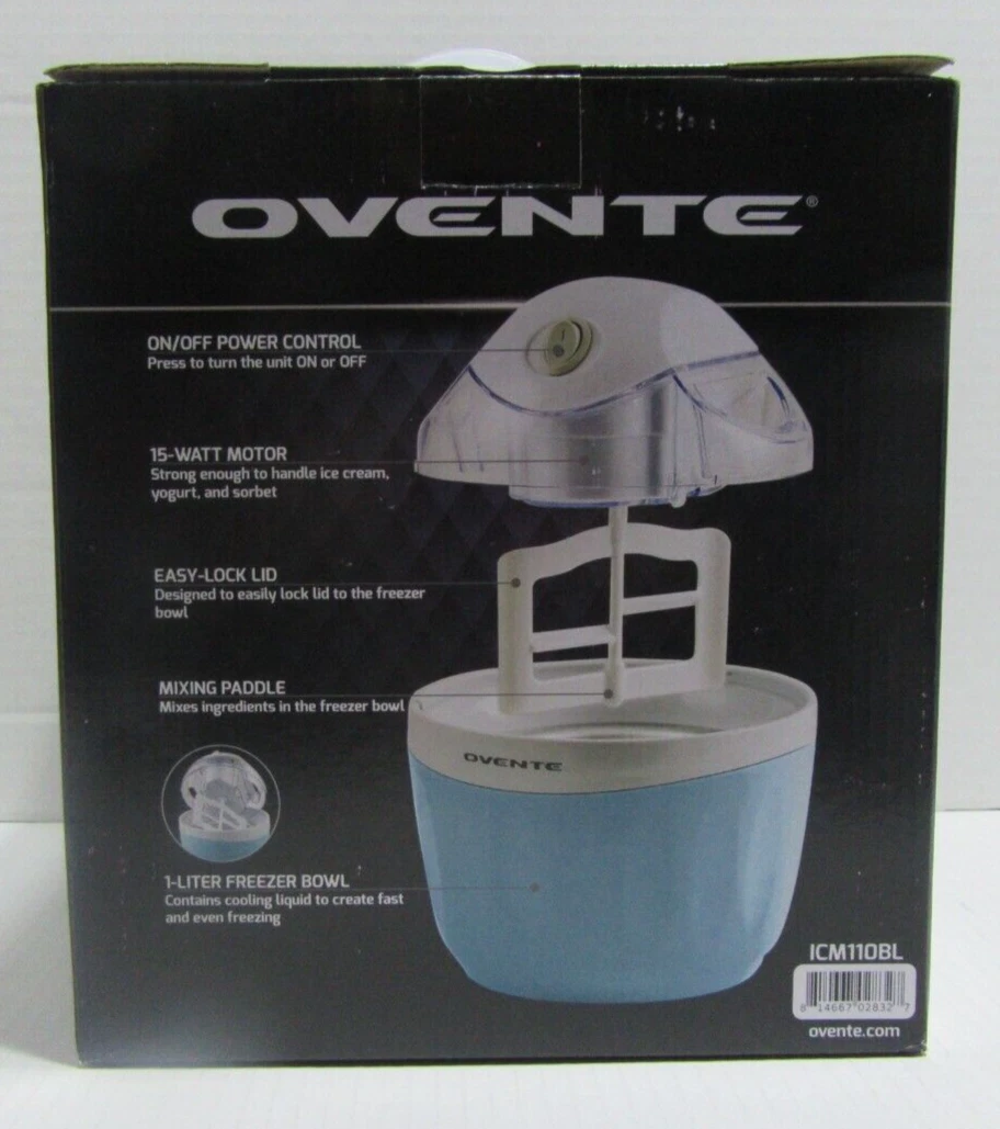Ovente Electric Ice Cream Maker 1 Liter Bowl 15 Watt ICM110BL New