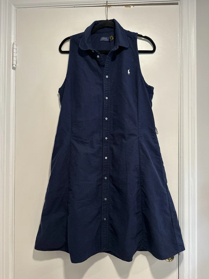 Polo Ralph Lauren Women’s Sz: 14 Navy Sleeveless Shirt Dress w/pockets - Image 3 of 4