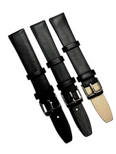 3 Piece 18mm Genuine Leather Black Watch Band Slim Flat Grain Strap Set of 3