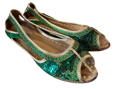 ZARA Size 37 NEW Gold Green Sequin Satin Ballet Flats Open Toe Strap Shoes India