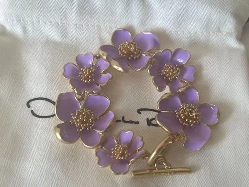 Oscar De La Renta Gold Tone Purple Glazed Enamel Flower Bracelet