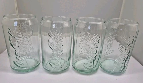 Vintage Set of 4 Coca Cola Can Shaped Green Tinted Drinking Glasses 12 Oz