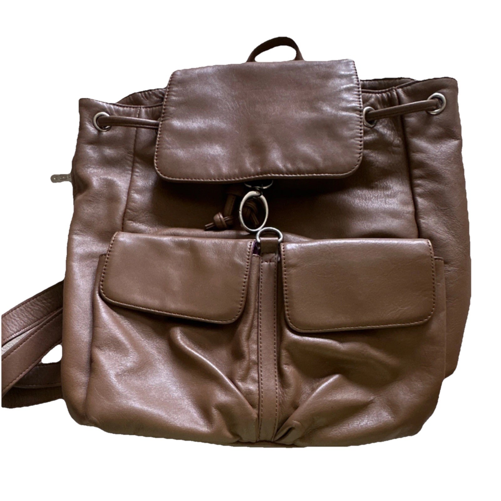 Brown Leather Backpack Drawstring, pockets, Purpl… - image 1
