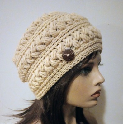 crochet handmade womans hat beanie buff tan puffs