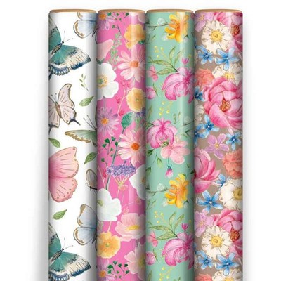 12m Blumen Geschenkpapier - 4 x 3m Rollen - Biene Happy Blumen Herzen