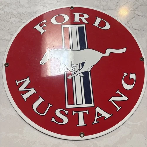 Vintage Ande Rooney Ford Mustang 11" Porcelain Round Man Cave Sign Collectible