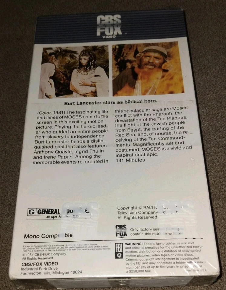 Moses (VHS 1975 / 1984 ) Burt Lancaster BRAND NEW SEALED CBS FOX WATERMARKS Foto 3 de 4