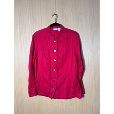 Chicos Linen Cotton Jacquard Jacket Size 2 Mandarin Collar Button Front Pockets