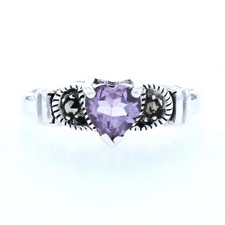 Sterling Silver Amethyst Marcasite Ring - 925 Heart Cut .70ct Milgrain Size 8
