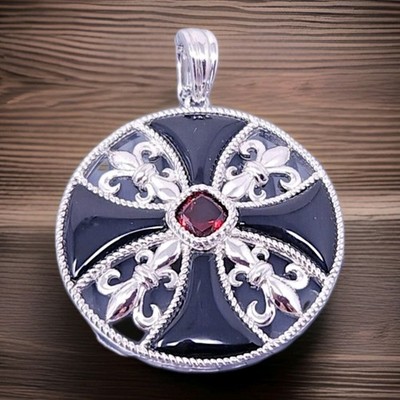 Vintage Sterling silver Fleur De lis Cross Black Jade Garnet Round Pendant