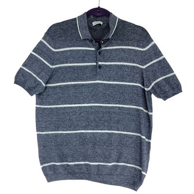Heritage Polo Sweater Mens M 50 Navy White Striped Short Sleeve Knit Casual