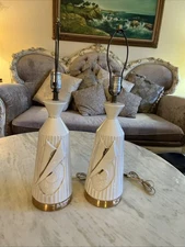 Vintage MCM Ceramic Table Lamps (Pair) – White & Gold, Textured Abstract Design