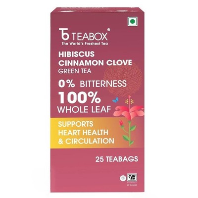 Teabox Hibiscus Cinnamon Clove Green Tea 25 Bags Natural Soothing Blend