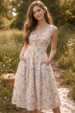 Joie Floral Fit Flare Dress Womens Size 6 Tiered Pockets Cottagecore Midi 