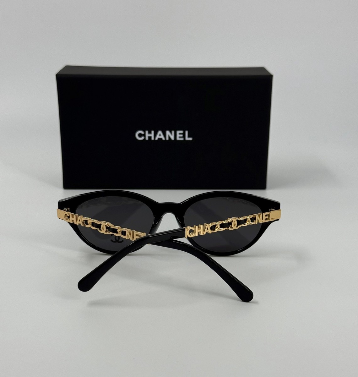 NEW CHANEL CH0539 Black Acetate Oval & Gold Chain Gray Lens