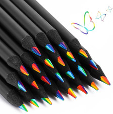 12 Pcs Rainbow Pencils with Sharpener, 7 Color in 1, Black Wooden, Art Supplies