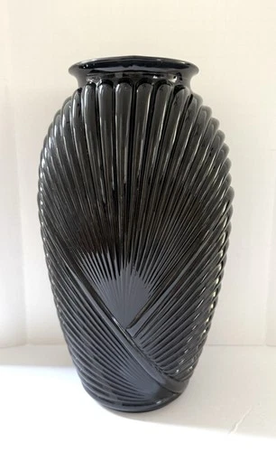 Art Deco Draped Ribbed Pleated  Black Glass Vase 13” Vintage Anchor Hocking
