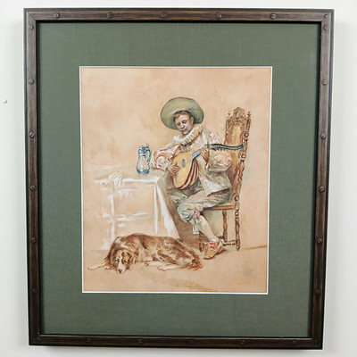 Vintage Original Spanish Watercolor Painting 1960s Man with Guitar & Dog Framed