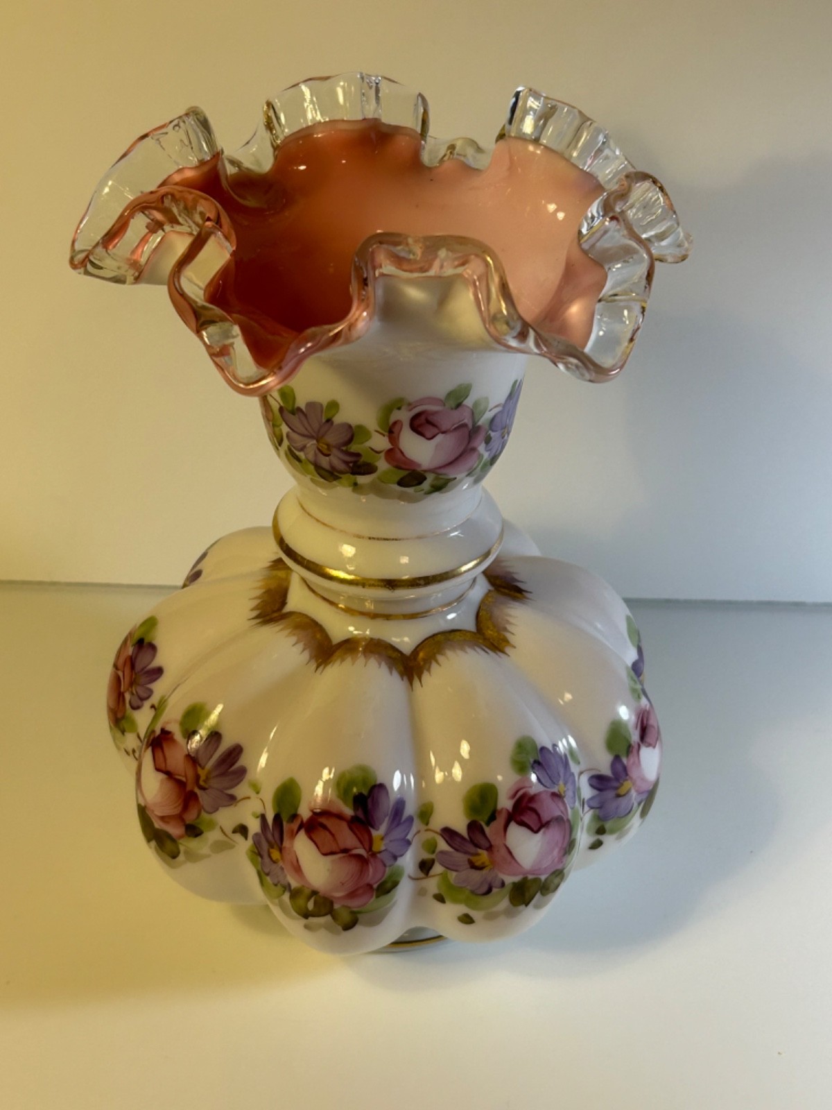Vintage Fenton Peach Crest Hand Painted Roses Art Glass Vase Ruffled Rim 1940s