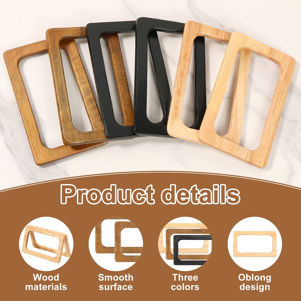 6-Piece Wood Bag Handles Set - Rectangular Purse Handles In 3 Colors For DIY Bags