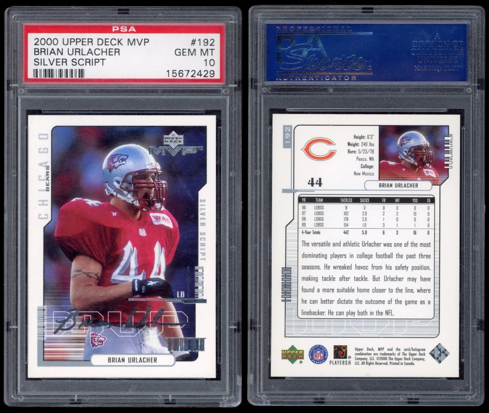 Brian Urlacher Upper Deck MVP #192 Silver Script