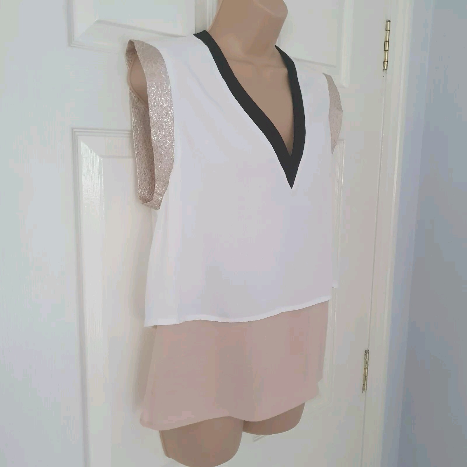 Maje Top Layered Beige Cream Black V Neck Size 2 UK 8 - 10 P2P 17" Summer 