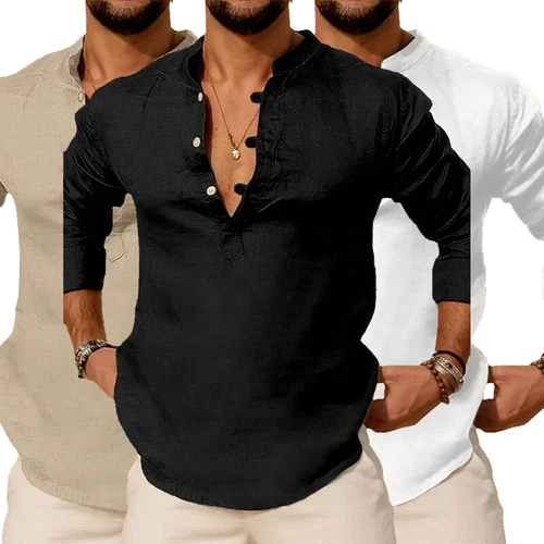 Herren V-Ausschnitt Bluse Baumwolle Leinen Shirt Tops Langarmshirt lose Freizeithemden - Bild 1 von 26