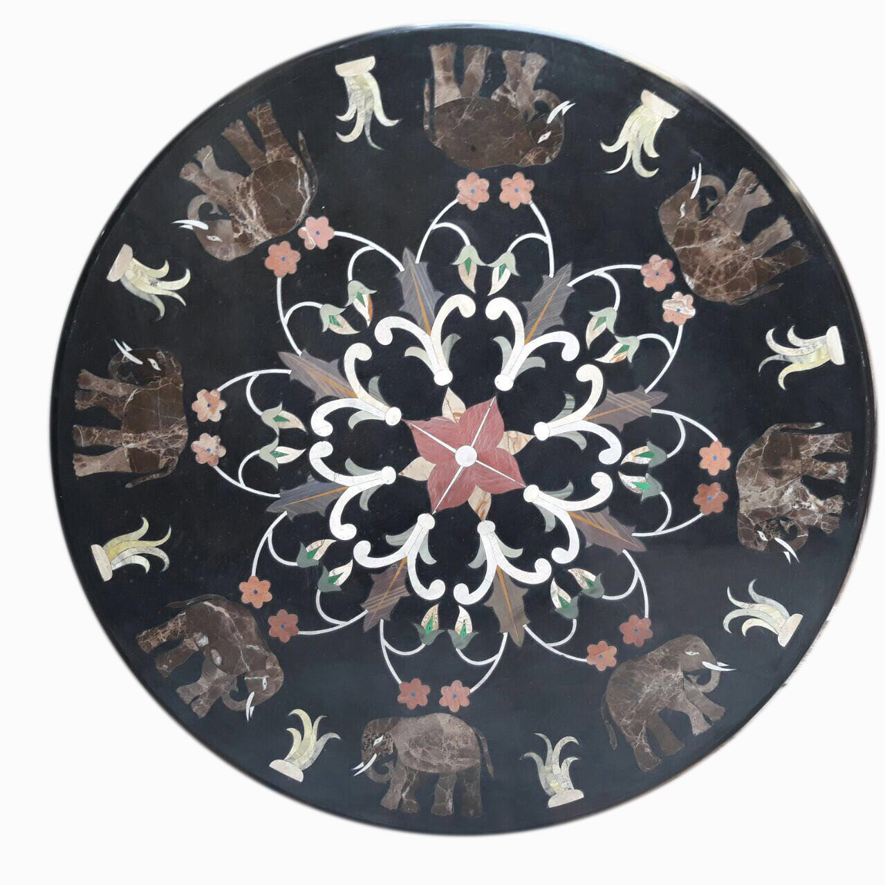 24-Inch Round Handmade Pietra Dura Marble Coffee Table Top for Home Decor