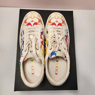 Signature Canvas Coach Rainbow Tennis Shoes COACH White