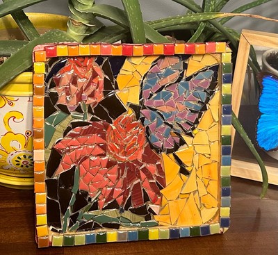 Handmade Butterfly-Flower Mosaic Stained Glass/Ceramic Wall Recycled Art 