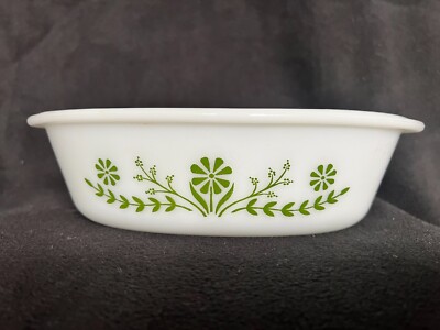 Vintage Glasbake Milch Glas oval grün Gänseblümchen weiß Auflauf Backgeschirr USA