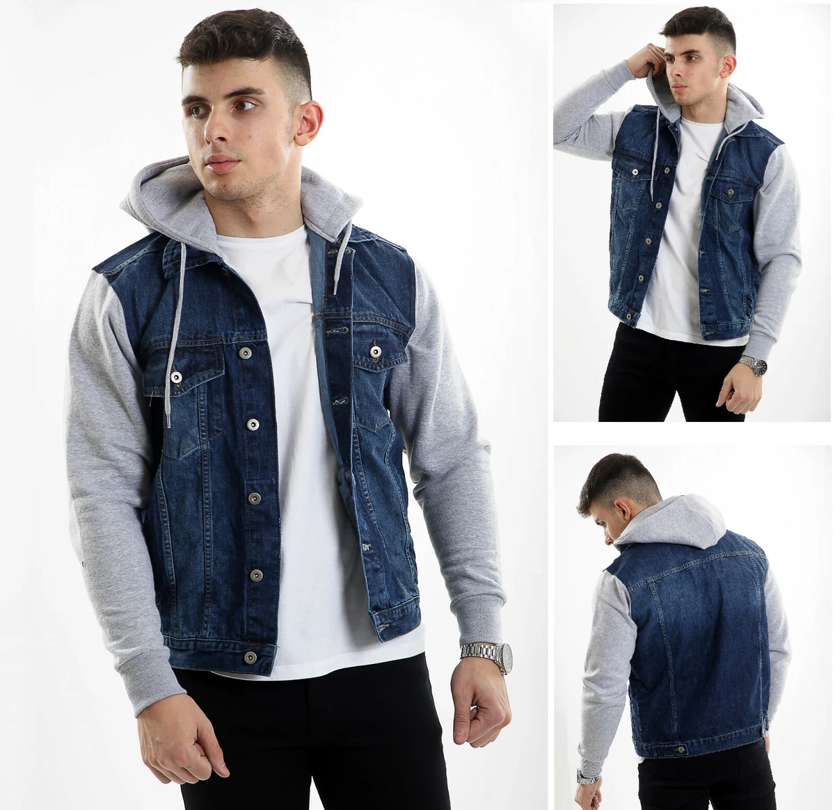 Mens Hooded Denim Plus Big Jacket with Button Front & Grey