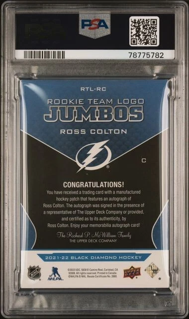 2021 UD BLACK DIAMOND ROSS COLTON ROOKIE TEAM LOGO JUMBOS AUTO /25 PSA/DNA 10 - Image 2 of 2