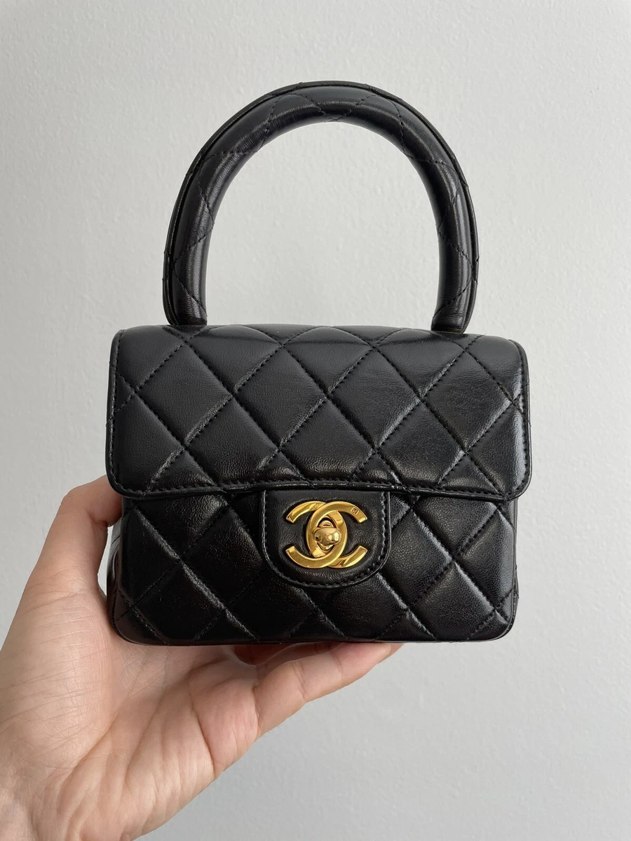 Rare Vintage Chanel Black Lambskin Mini Kelly handle bag