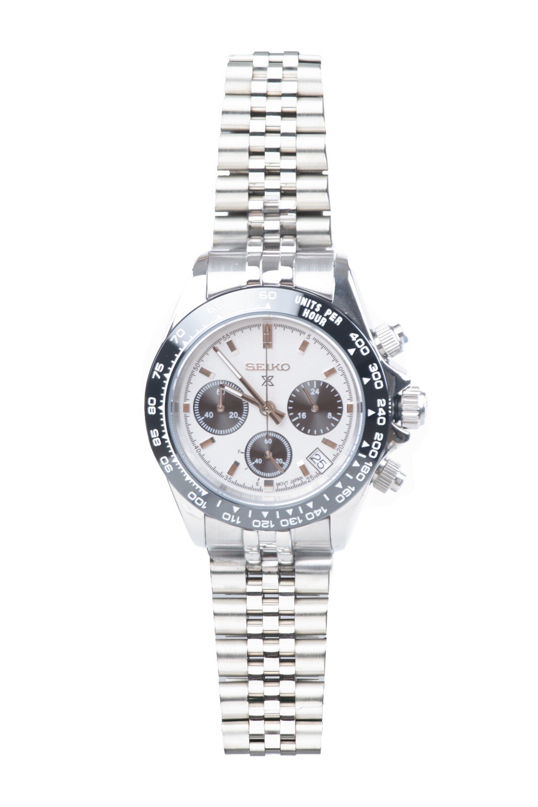 Seiko Mod Daytona Stainless Steel White dial Black Bezel Chronograph