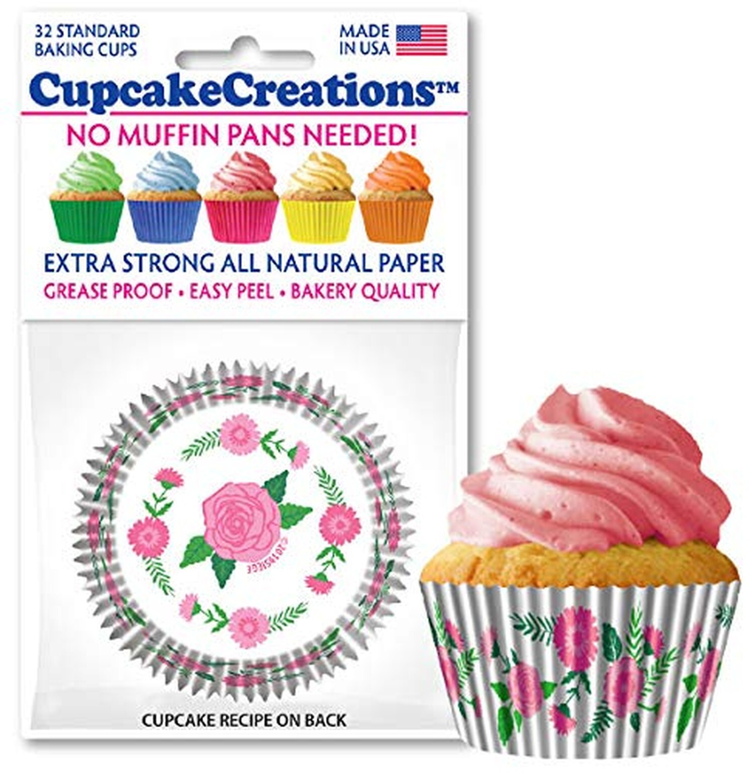 32 Count Cupcake Baking Papers, Pretty Pink Flowers