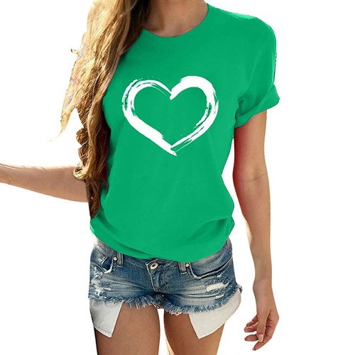 Women Short Sleeves O Neck Tops Ladies Heart Shaped Print Casual Blouse T Shirts - Picture 28 of 63