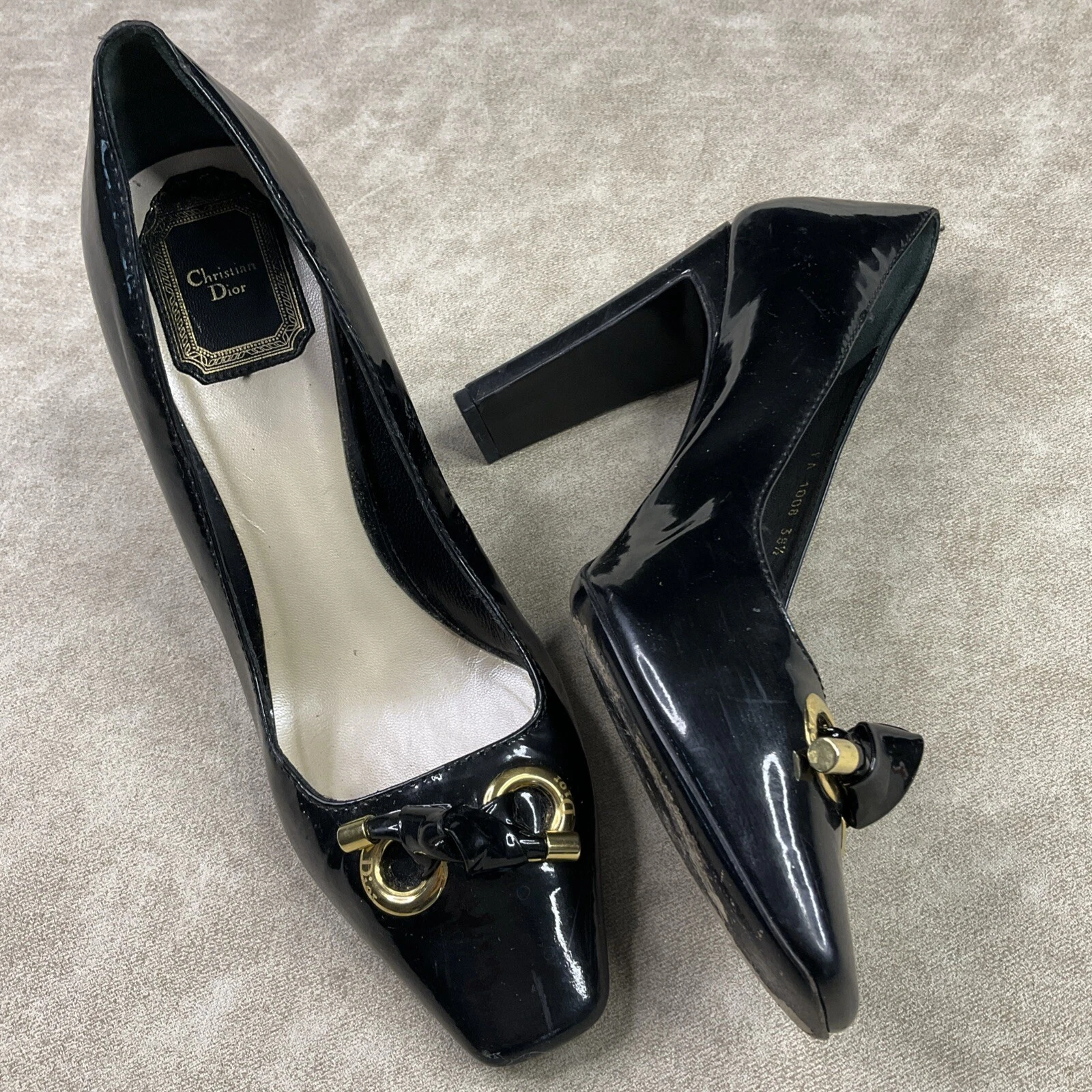 Escarpins Christian Dior talons cuir verni détails nœud golf femme taille 38,5 FA 1008
