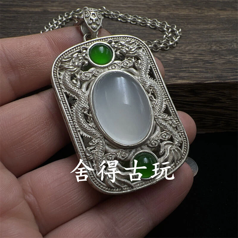 Asian tibet silver copper doule dragon white jade Statue pendant and necklace - Image 4 of 4