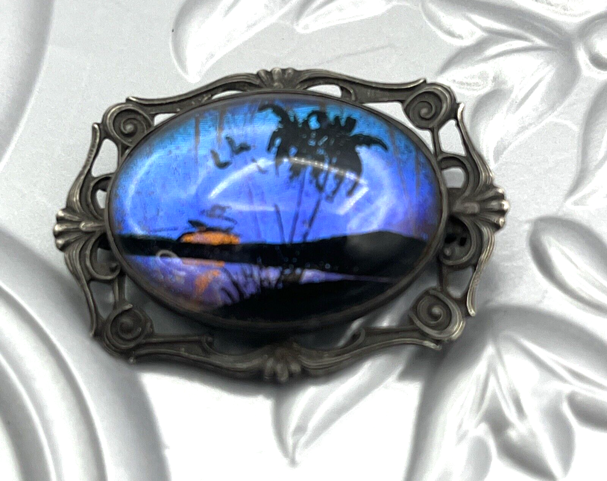 Vintage HOFFMAN Sterling Silver Butterfly Wing Palm Tree Sunset Brooch Pin